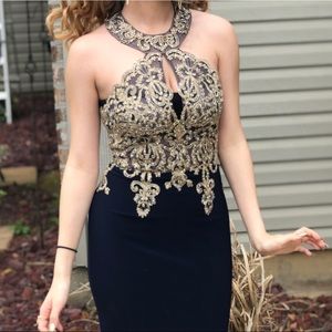 Navy & Gold Floor-Length Bodycon Embroidered Prom
